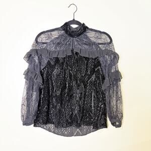 Velvet Burnout Lace Ruffles Whimsigoth Fairy Crinkle Lace Mock Neck Top